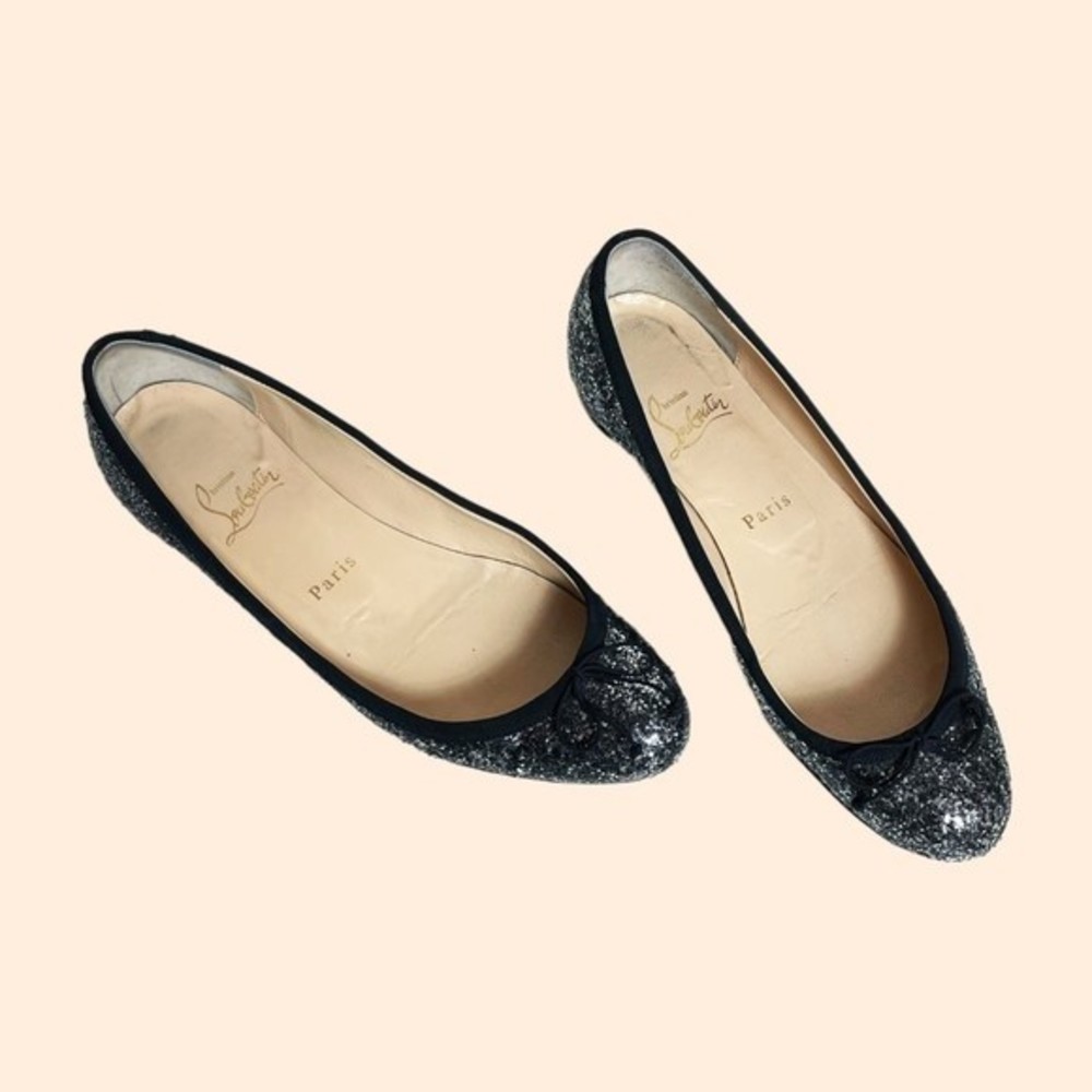 Christian Louboutin Black Glitter Round-Toe Ballet Flats